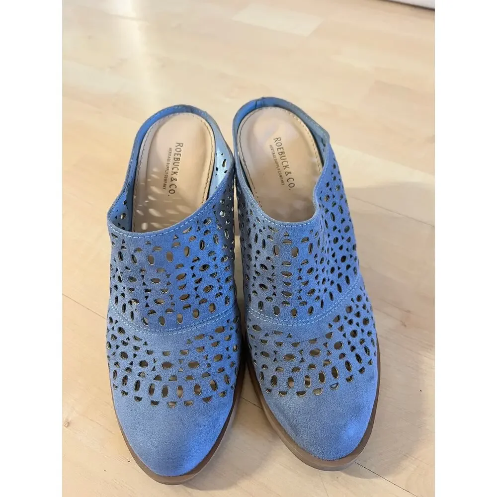 Roebuck & Co Womens Size 5.5 Blue Cutout Suede Mules Block Heel Slide Sandals